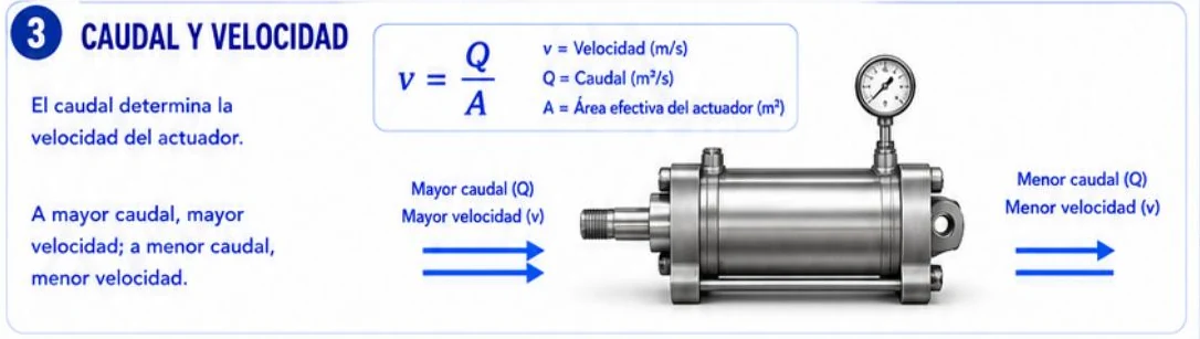 Ficha: la velocidad del actuador es v igual Q entre A, a mayor caudal mayor velocidad y a menor caudal menor velocidad