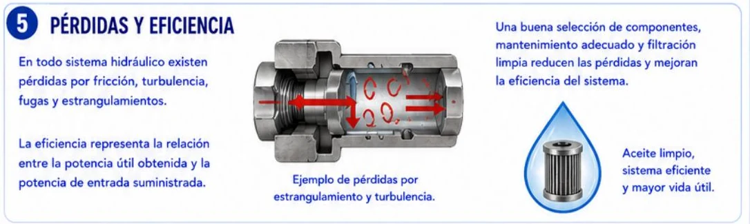 Ficha: pérdidas por fricción, turbulencia, fugas y estrangulamientos, eficiencia como relación entre potencia útil y de entrada, y aceite limpio con filtro