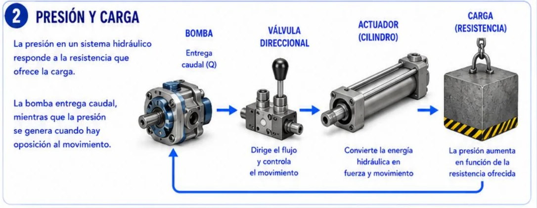 Ficha: la presión responde a la resistencia de la carga, con bomba, válvula direccional, actuador y carga en cadena