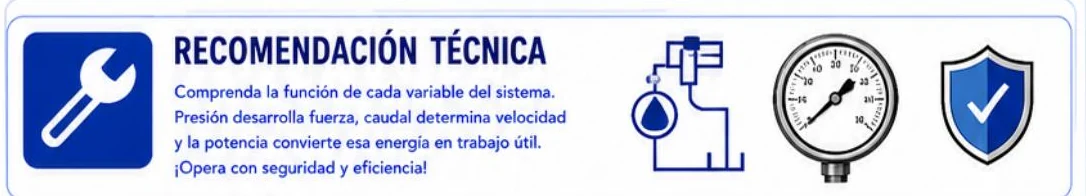 Recomendación técnica de la ficha: comprender la función de cada variable, presión desarrolla fuerza, caudal determina velocidad y la potencia convierte esa energía en trabajo útil