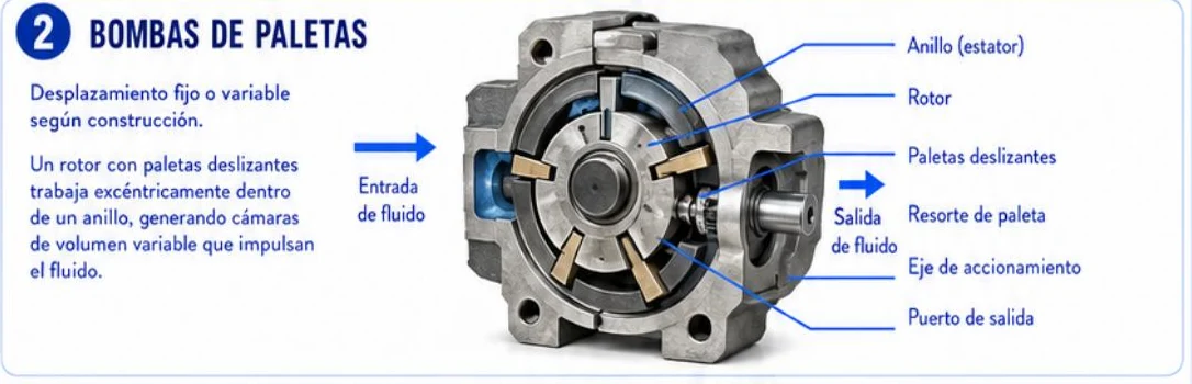 Ficha: bombas de paletas, desplazamiento fijo o variable, rotor con paletas deslizantes en un anillo excéntrico, con anillo, rotor, paletas, resorte, eje y puerto de salida