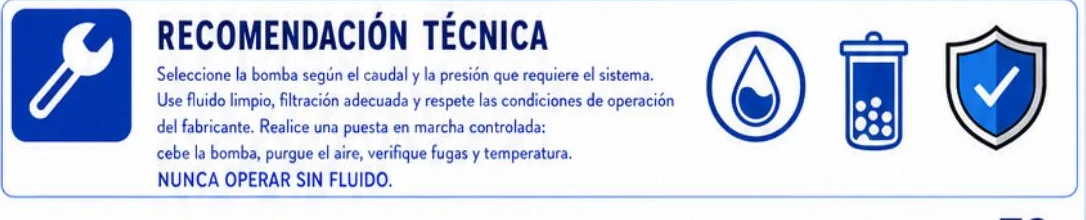 Recomendación técnica: seleccionar la bomba según caudal y presión, usar fluido limpio, filtración adecuada, puesta en marcha controlada y nunca operar sin fluido