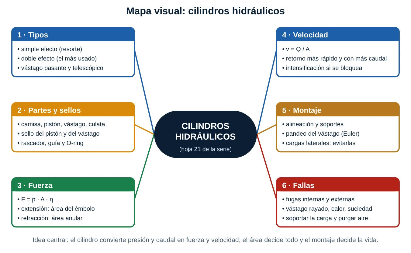 Mapa conceptual de cilindros hidráulicos con seis ramas: tipos, partes y sellos, fuerza, velocidad, montaje y fallas