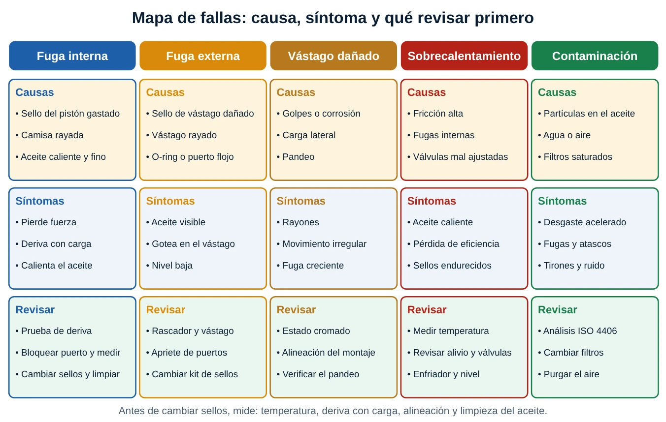 Mapa de fallas de cilindros: fuga interna, fuga externa, vástago dañado, sobrecalentamiento y contaminación, con causas, síntomas y qué revisar