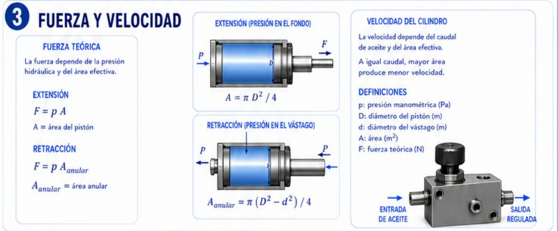Ficha: fuerza y velocidad del cilindro, con las fórmulas F igual a p por A para la extensión y F igual a p por área anular para la retracción, y las definiciones de las variables
