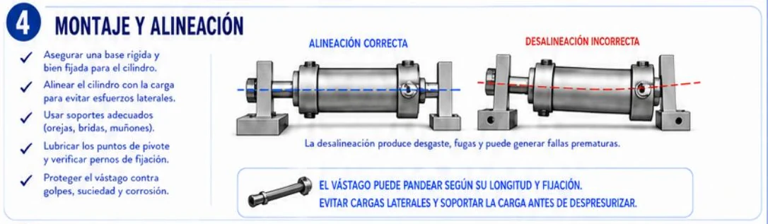 Ficha: montaje y alineación de cilindros, con la lista de verificación, la comparación entre alineación correcta e incorrecta y la advertencia de pandeo del vástago