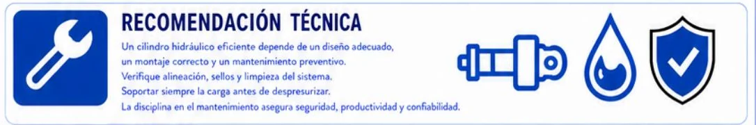 Ficha: recomendación técnica sobre cilindros hidráulicos, que resume diseño adecuado, montaje correcto y mantenimiento preventivo