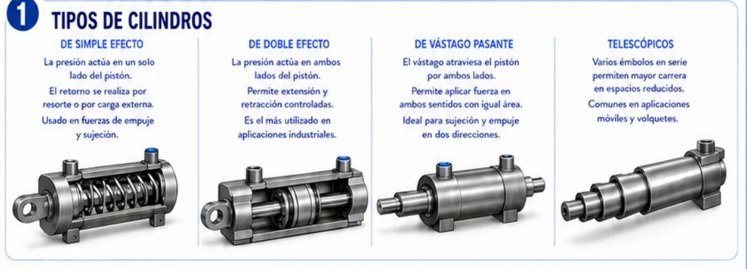 Ficha: tipos de cilindros, simple efecto, doble efecto, de vástago pasante y telescópicos, con una fotografía de cada uno