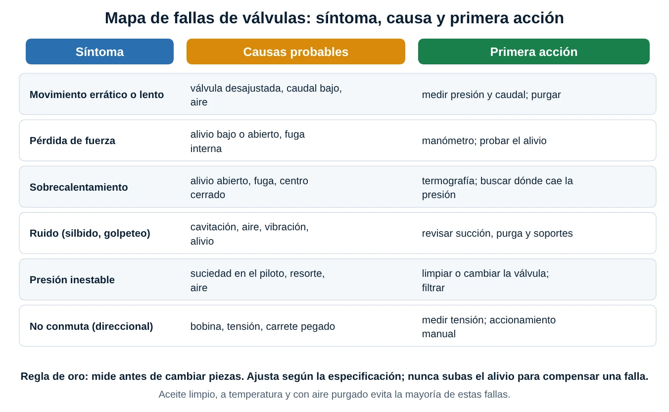 Mapa de fallas de válvulas: síntoma, causas probables y primera acción para movimiento errático, pérdida de fuerza, sobrecalentamiento, ruido, presión inestable y válvula que no conmuta