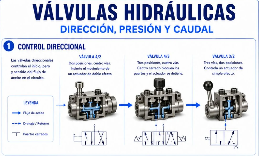 Ficha: control direccional, con las válvulas 4/2, 4/3 y 3/2, sus cortes, sus símbolos y la leyenda de flujo de aceite, drenaje o retorno y puertos cerrados