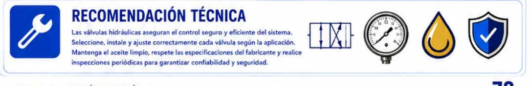 Ficha: recomendación técnica sobre válvulas hidráulicas, que resume selección, ajuste, aceite limpio e inspecciones periódicas