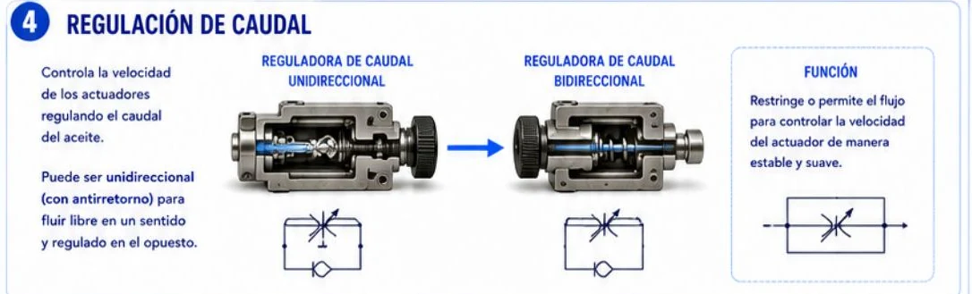 Ficha: regulación de caudal, con las válvulas reguladoras de caudal unidireccional y bidireccional, su función y sus símbolos
