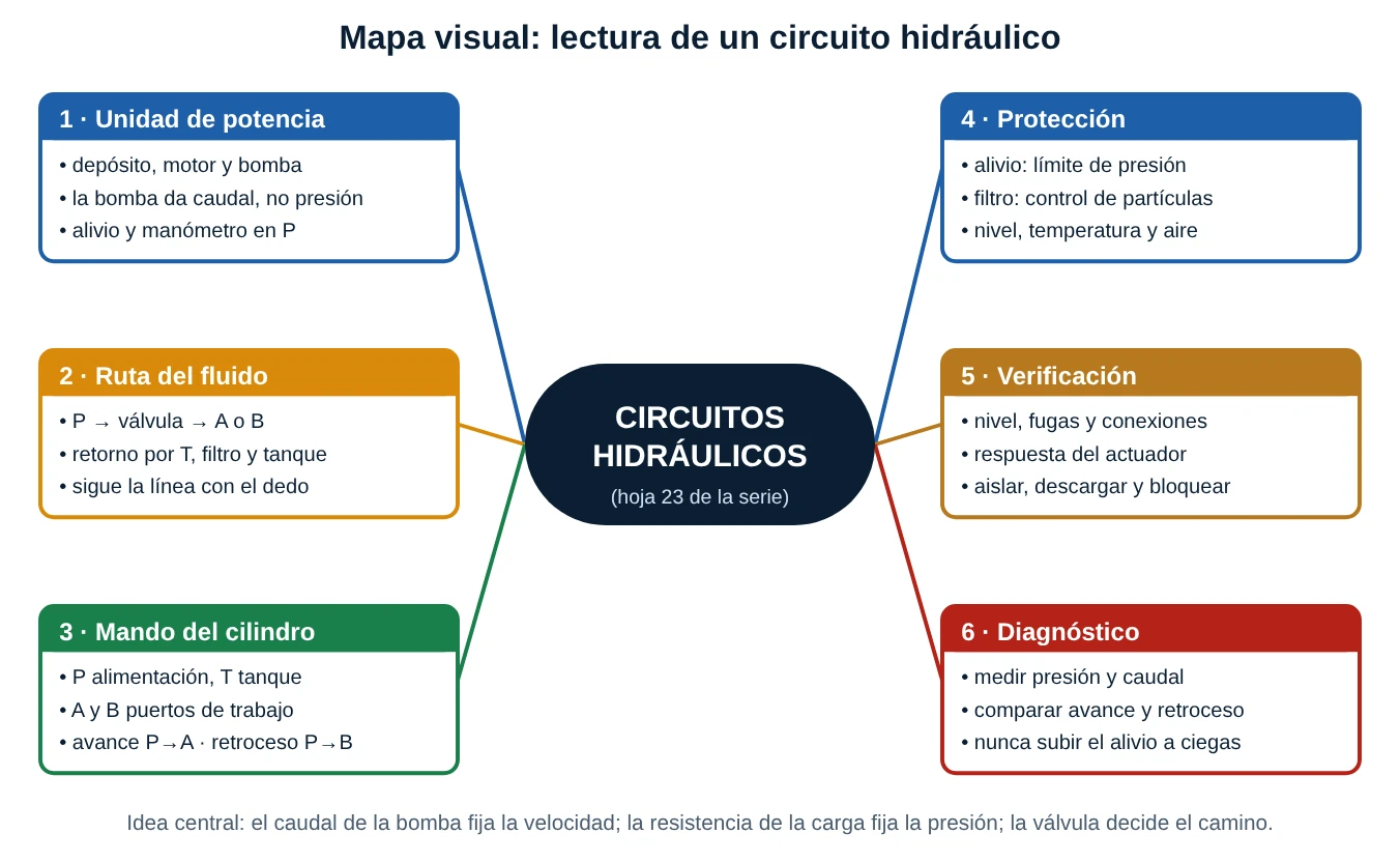 Mapa conceptual de circuitos hidráulicos con seis ramas: unidad de potencia, ruta del fluido, mando del cilindro, protección, verificación y diagnóstico