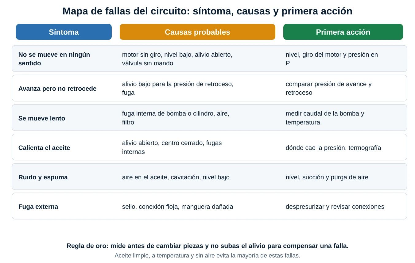 Tabla de síntomas, causas probables y primera acción para un circuito hidráulico básico