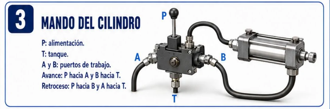 Ficha: mando del cilindro, con la válvula de palanca y los puertos P, T, A y B marcados, y la descripción del avance y el retroceso