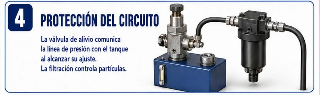 Ficha: protección del circuito, con una válvula de alivio montada en la unidad de potencia y un filtro con manguera