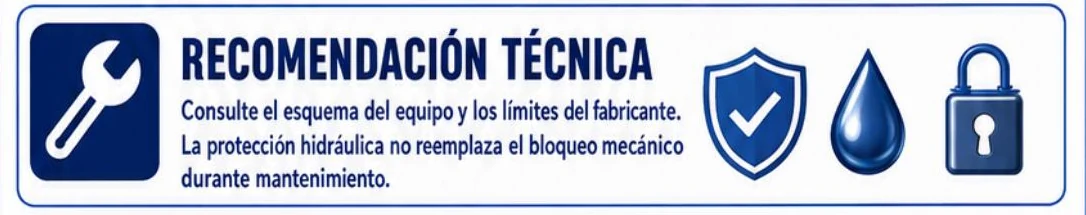 Ficha: recomendación técnica sobre consultar el esquema del equipo y los límites del fabricante, y sobre que la protección hidráulica no reemplaza el bloqueo mecánico