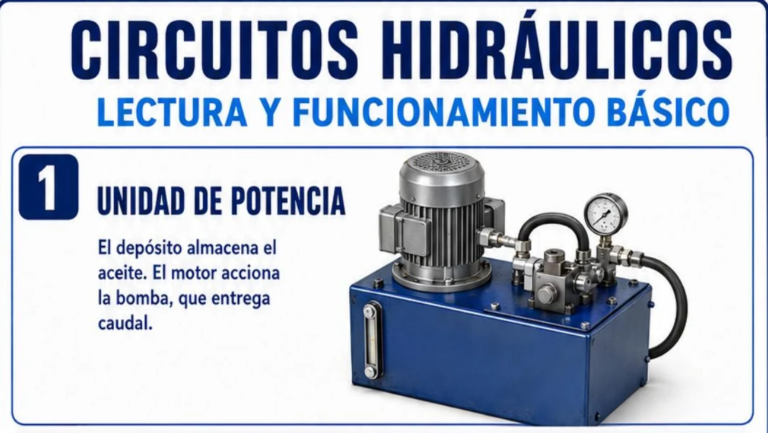 Ficha: circuitos hidráulicos, lectura y funcionamiento básico; unidad de potencia con depósito azul, motor eléctrico, bomba, manguera y manómetro
