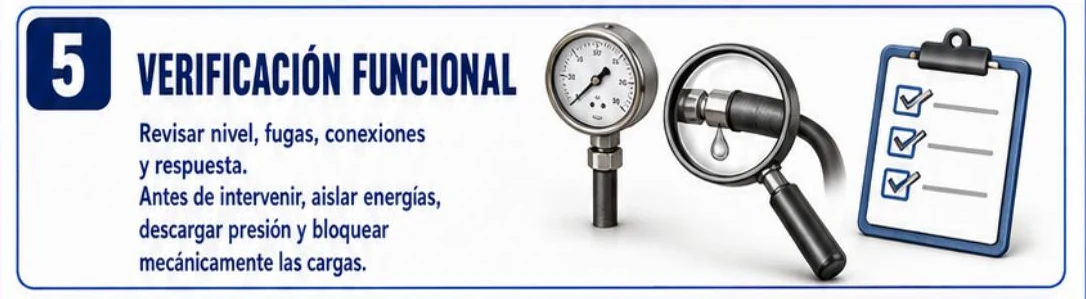 Ficha: verificación funcional, con un manómetro, una lupa que muestra una fuga en una manguera y una lista de comprobación