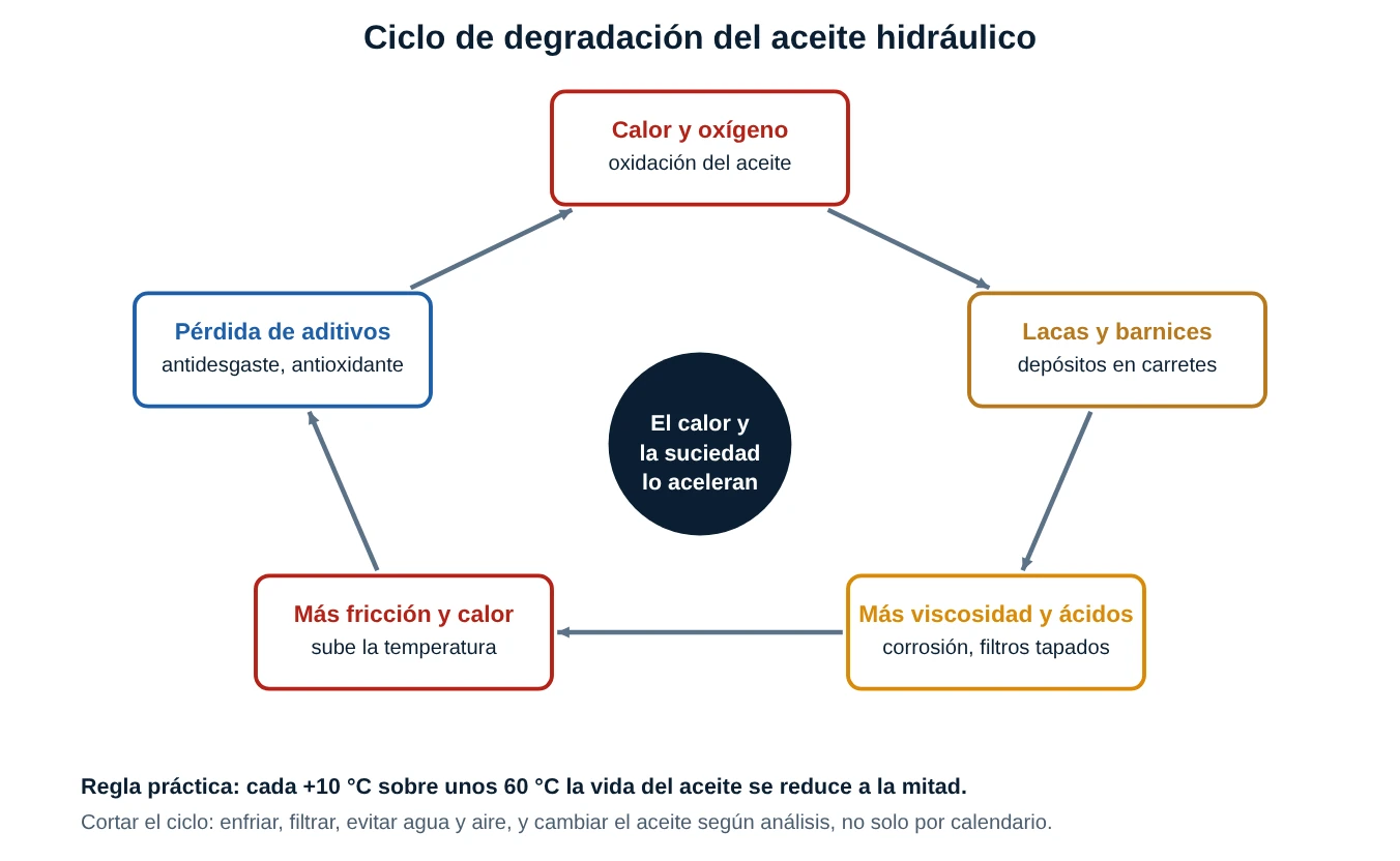 Ciclo de degradación del aceite: el calor y el oxígeno producen oxidación, luego lacas y barnices, más viscosidad y ácidos, más fricción y calor, y pérdida de aditivos, que vuelve a acelerar el ciclo