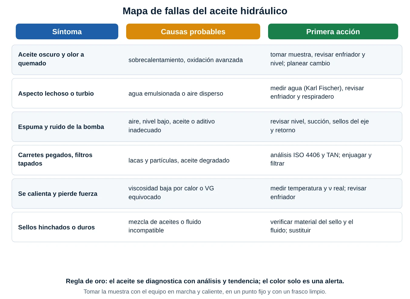 Tabla de síntomas, causas probables y primera acción para el aceite hidráulico: oscuro, lechoso, espuma, carretes pegados, calentamiento y sellos hinchados