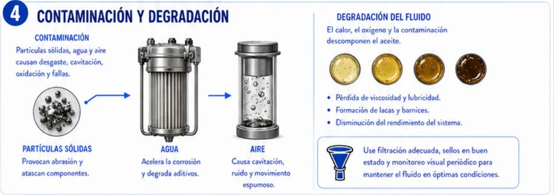 Ficha: contaminación y degradación, con partículas sólidas, un filtro, un depósito con agua y aire, cuatro muestras de aceite de claro a oscuro y recomendaciones de filtración