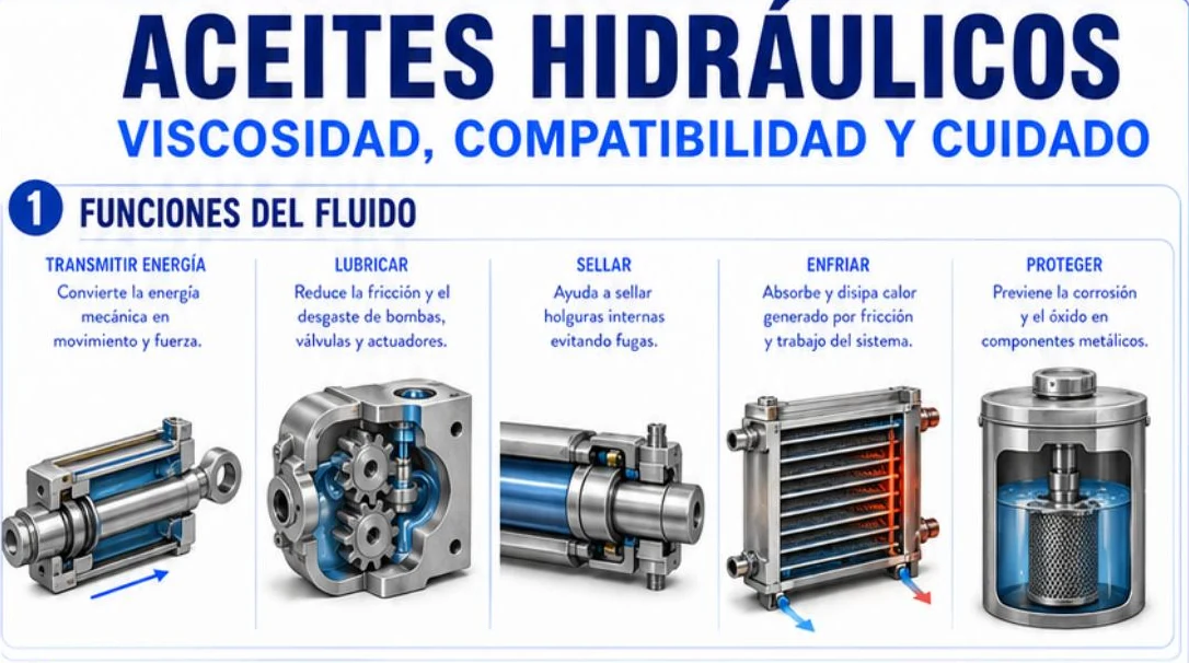 Ficha: aceites hidráulicos, viscosidad, compatibilidad y cuidado; las cinco funciones del fluido con cilindro, bomba de engranajes, vástago con sello, intercambiador de calor y depósito con filtro