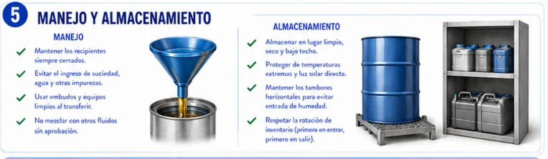 Ficha: manejo y almacenamiento del aceite, con un embudo azul, un tambor azul sobre paleta y estantes con envases de aceite, y listas de buenas prácticas