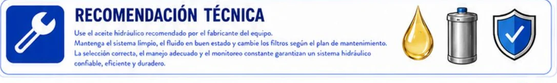 Ficha: recomendación técnica sobre usar el aceite recomendado por el fabricante, mantener el sistema limpio, cambiar los filtros según el plan y monitorear constantemente