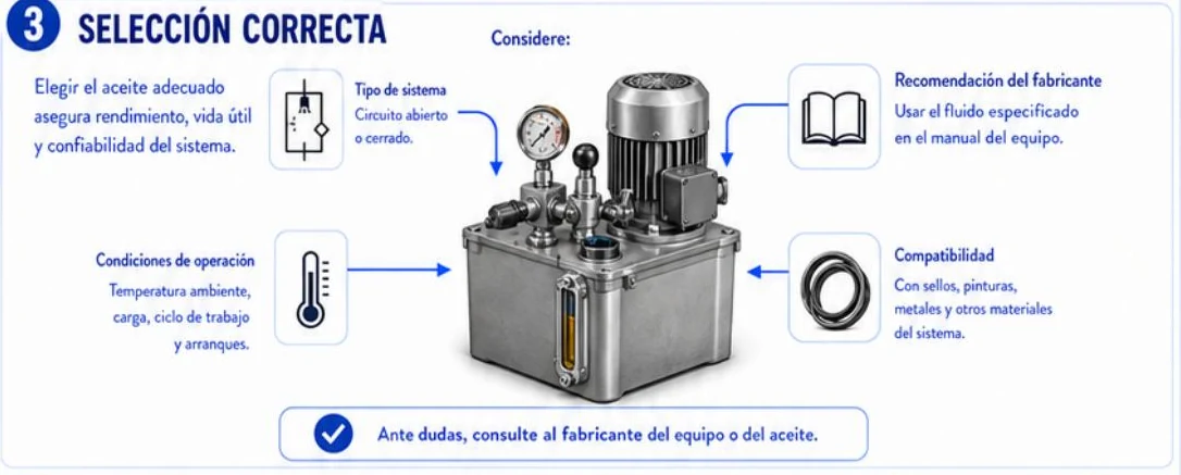 Ficha: selección correcta del aceite con una unidad de potencia hidráulica y cuatro puntos a considerar: tipo de sistema, recomendación del fabricante, condiciones de operación y compatibilidad