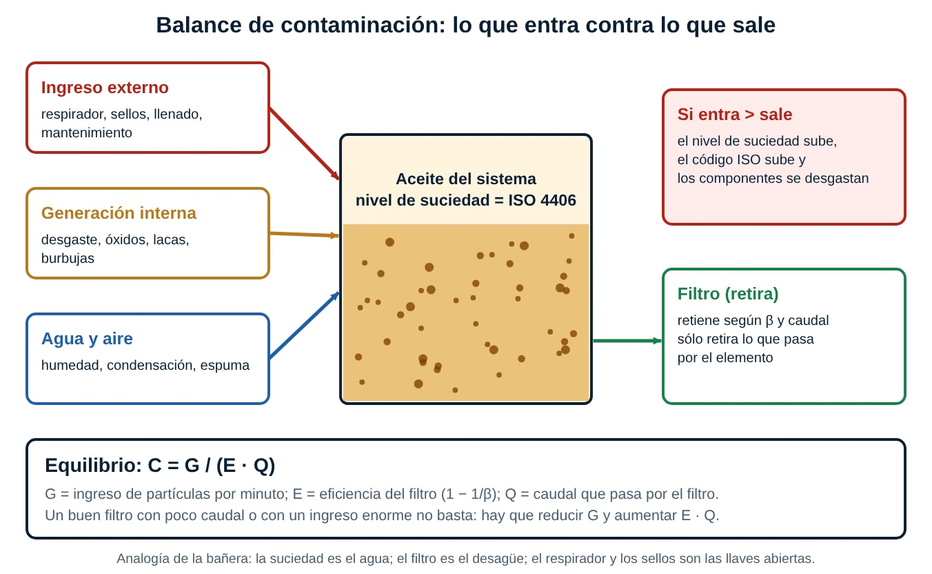 Diagrama de balance de contaminación: tres entradas (ingreso externo, generación interna, agua y aire) llenan un depósito de aceite y el filtro retira partículas; el nivel de suciedad en equilibrio es C = G / (E por Q)