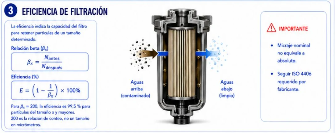 Ficha: eficiencia de filtración con la fórmula de la relación beta N antes sobre N después, la eficiencia E igual a uno menos uno sobre beta por cien, un corte de un filtro con aguas arriba contaminadas y aguas abajo limpias, y un recuadro importante