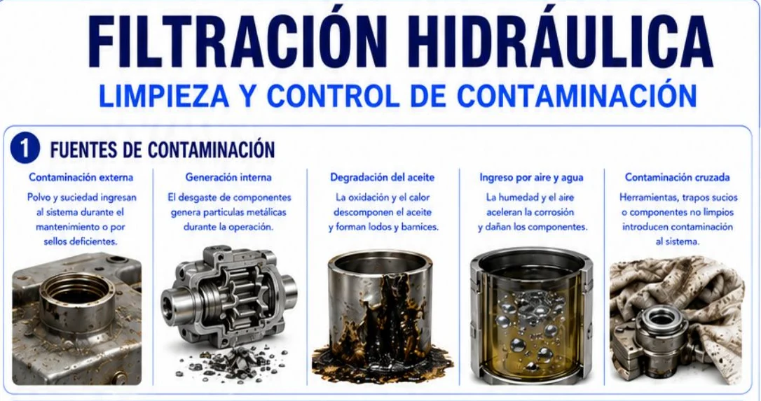 Ficha: filtración hidráulica, limpieza y control de contaminación; cinco fuentes de contaminación con fotografías de una tapa sucia, una bomba de engranajes con virutas, aceite con barnices, aceite con burbujas y trapos con un rodamiento