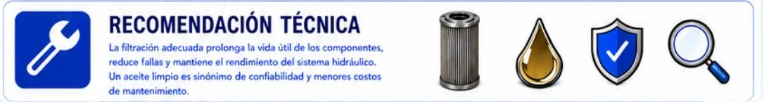 Ficha: recomendación técnica sobre la filtración adecuada, con una llave, un elemento filtrante, una gota de aceite, un escudo con una marca de verificación y una lupa