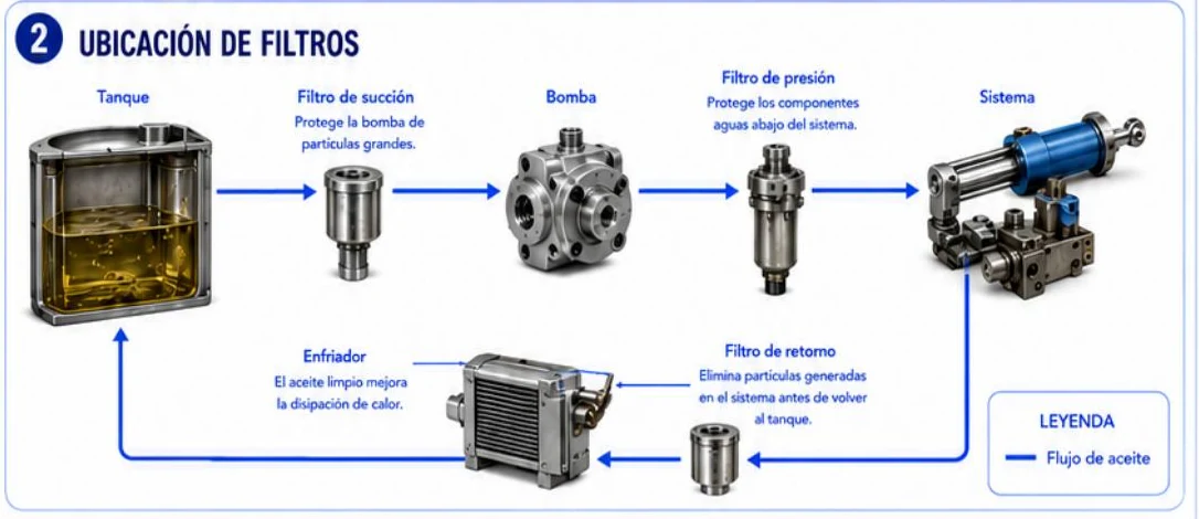 Ficha: ubicación de filtros; recorrido del aceite desde el tanque, filtro de succión, bomba, filtro de presión, sistema, filtro de retorno y enfriador de vuelta al tanque