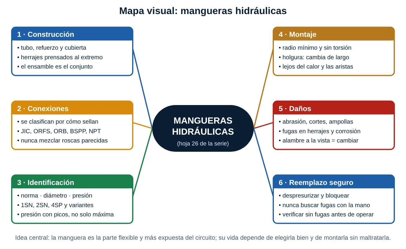 Mapa conceptual de las mangueras hidráulicas con seis ramas: construcción, conexiones, identificación, montaje, daños y reemplazo seguro