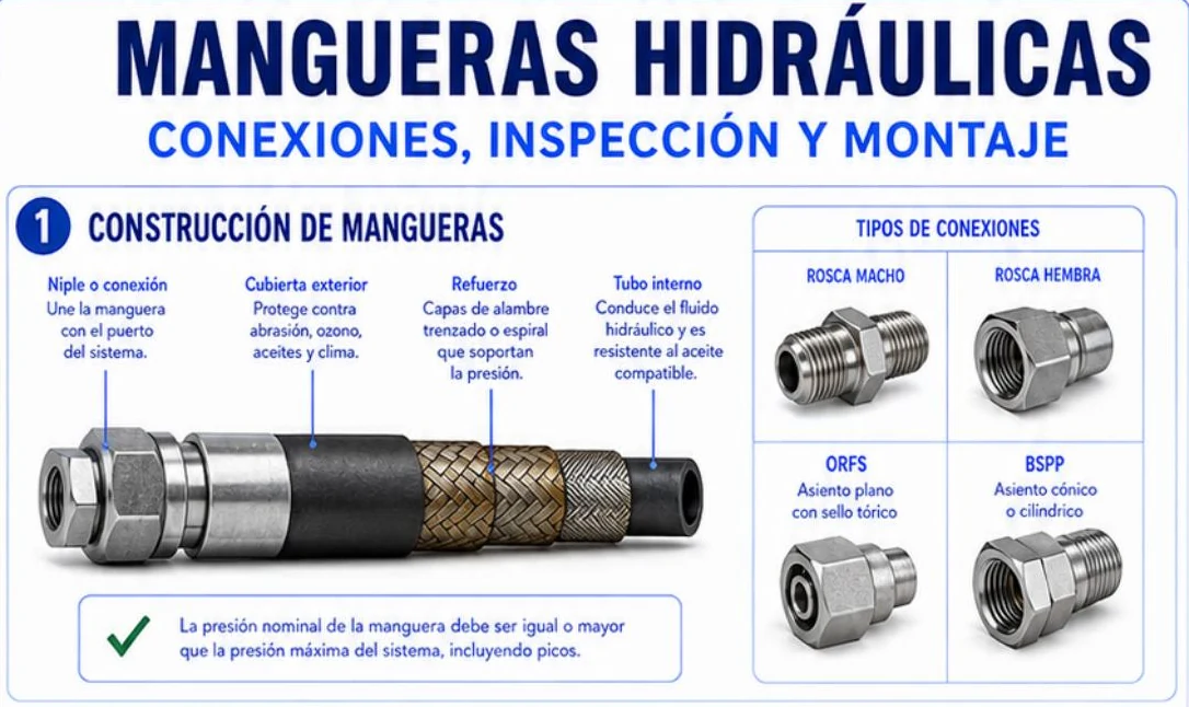 Ficha: mangueras hidráulicas, conexiones, inspección y montaje; construcción con niple, cubierta exterior, refuerzo y tubo interno, y cuatro tipos de conexión: rosca macho, rosca hembra, ORFS y BSPP