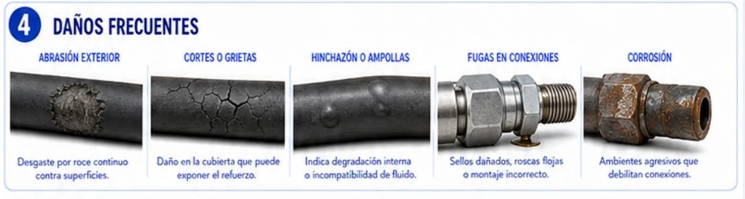 Ficha: daños frecuentes; abrasión exterior, cortes o grietas, hinchazón o ampollas, fugas en conexiones y corrosión, con fotografías de cada caso