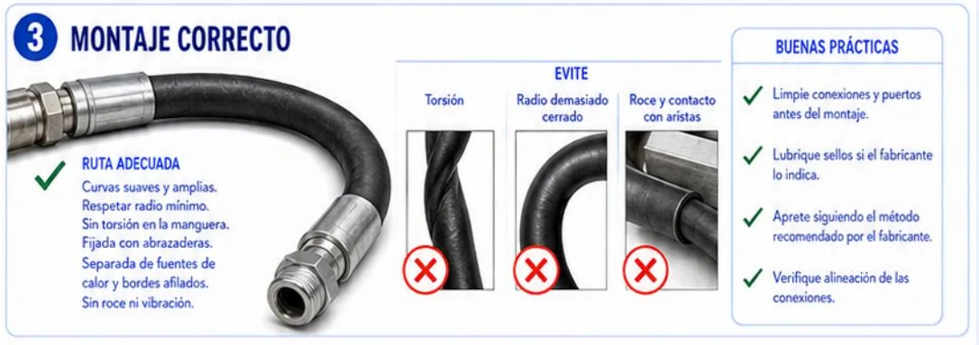 Ficha: montaje correcto; manguera con curva suave y ruta adecuada, tres errores a evitar (torsión, radio demasiado cerrado, roce y contacto con aristas) y cuatro buenas prácticas