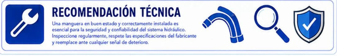 Ficha: recomendación técnica; una manguera en buen estado y correctamente instalada es esencial para la seguridad y confiabilidad del sistema hidráulico; icono de llave, manguera curvada, lupa y escudo
