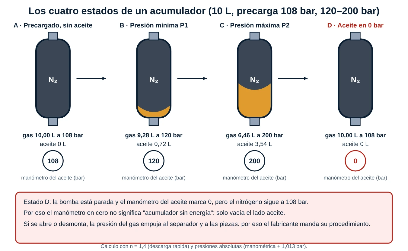 Cuatro acumuladores de vejiga: precargado sin aceite, a presión mínima, a presión máxima y con el aceite descargado en 0 bar con el gas aún a la precarga