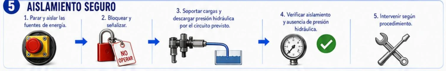Ficha: aislamiento seguro en cinco pasos: parar y aislar las fuentes de energía, bloquear y señalizar, soportar cargas y descargar la presión hidráulica, verificar el aislamiento y la ausencia de presión, e intervenir según procedimiento
