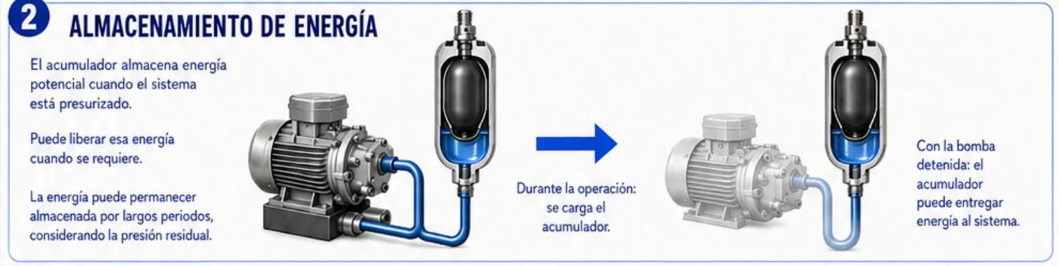 Ficha: almacenamiento de energía; con la bomba en marcha el acumulador se carga; con la bomba detenida entrega energía al sistema