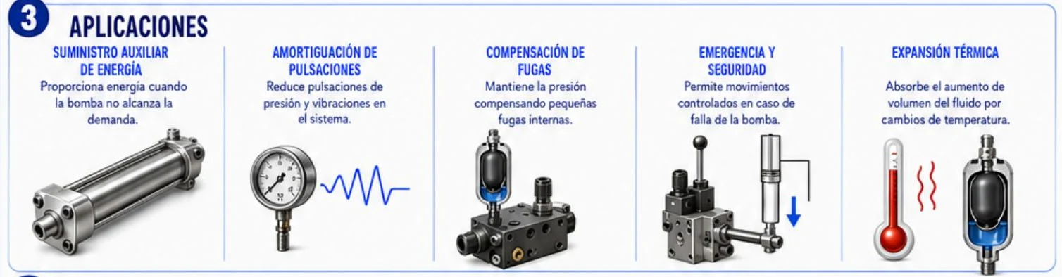 Ficha: aplicaciones del acumulador: suministro auxiliar de energía, amortiguación de pulsaciones, compensación de fugas, emergencia y seguridad, y expansión térmica