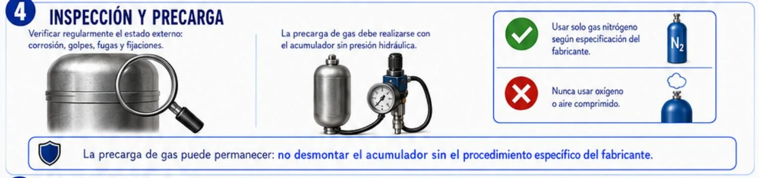 Ficha: inspección y precarga; verificar el estado externo, precargar con el acumulador sin presión hidráulica, usar solo nitrógeno y nunca oxígeno ni aire comprimido, y no desmontar sin el procedimiento del fabricante