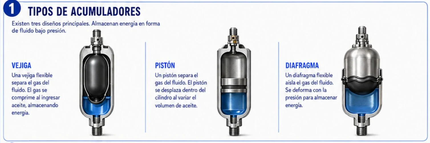 Ficha: acumuladores hidráulicos; tres diseños principales: vejiga, pistón y diafragma, cada uno con su corte y una breve descripción