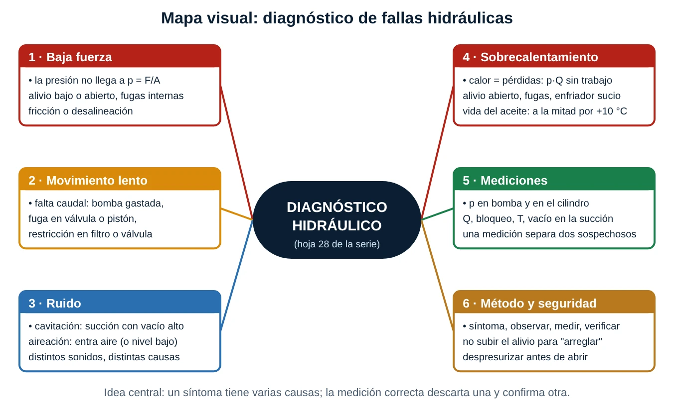 Mapa conceptual del diagnóstico hidráulico con seis ramas: baja fuerza, movimiento lento, ruido, sobrecalentamiento, mediciones, método y seguridad
