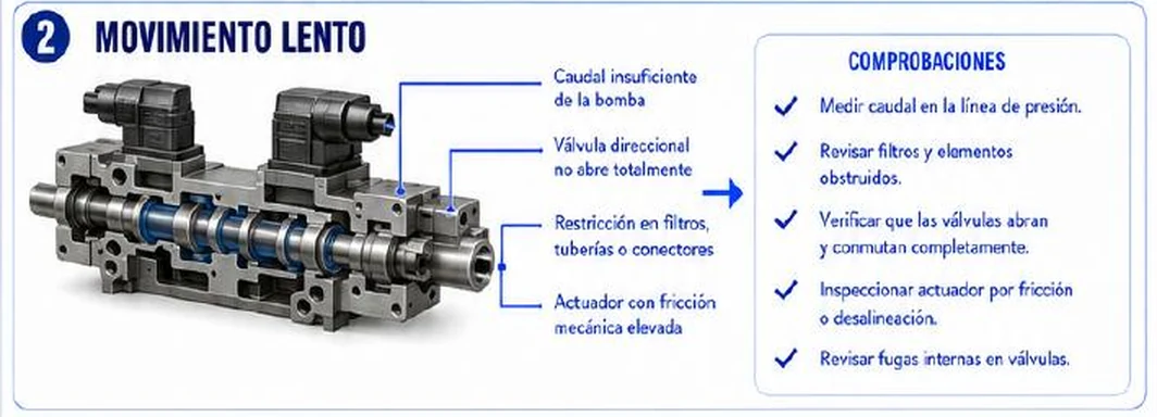Ficha: movimiento lento; causas: caudal insuficiente de la bomba, válvula direccional que no abre totalmente, restricción en filtros, tuberías o conectores, actuador con fricción mecánica elevada; comprobaciones