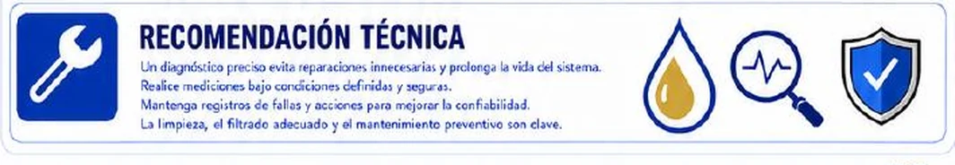 Ficha: recomendación técnica; un diagnóstico preciso evita reparaciones innecesarias; medir bajo condiciones definidas y seguras; mantener registros; limpieza, filtrado adecuado y mantenimiento preventivo