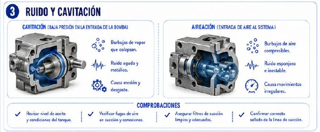 Ficha: ruido y cavitación; cavitación por baja presión en la entrada de la bomba con burbujas de vapor que colapsan, ruido agudo y metálico, erosión y desgaste; aireación por entrada de aire con burbujas compresibles, ruido esponjoso e inestable, movimientos irregulares; comprobaciones